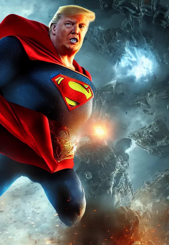 Image similar to Portrait of Donald Trump as superman in Gears of War, splash art, movie still, cinematic lighting, dramatic, octane render, long lens, shallow depth of field, bokeh, anamorphic lens flare, 8k, hyper detailed, 35mm film grain