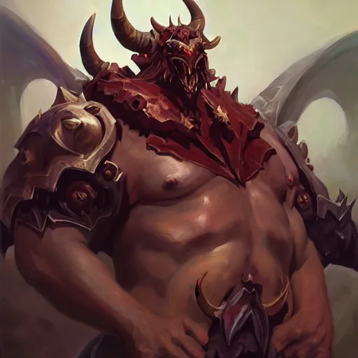 Image similar to Greg Manchess portrait painting of a large-horned demonic, devil armored character from league of legends, medium shot, asymmetrical, profile picture, Organic Painting, sunny day, Matte Painting, bold shapes, hard edges, street art, trending on artstation, by Huang Guangjian and Gil Elvgren and Sachin Teng