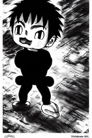 Image similar to attractive salvage little boy in cat suit, black and white artwork made by kentaro miura and yoshihiro togashi