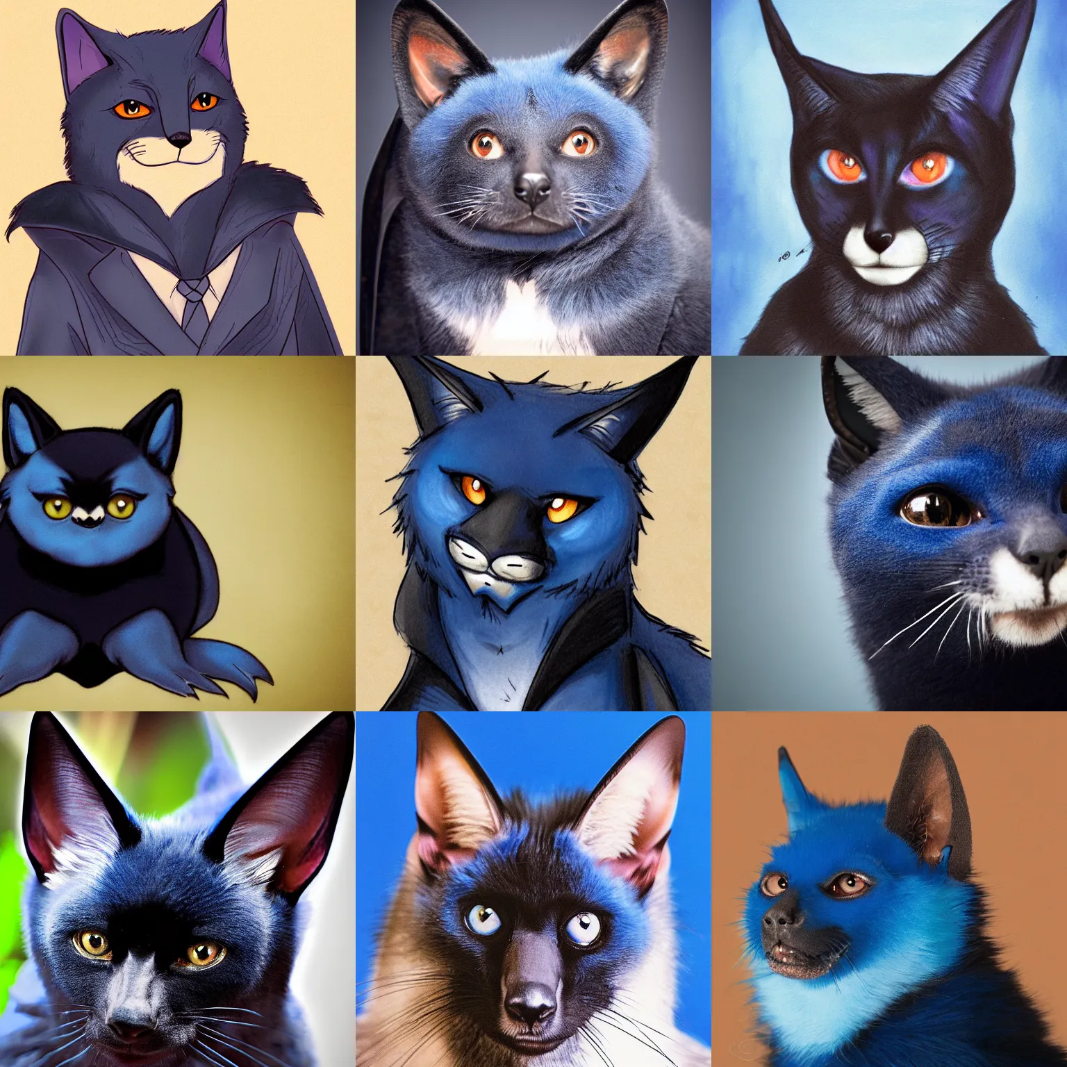 Prompt: a blue - and - black catbat fursona ( from the furry fandom ), photo portrait