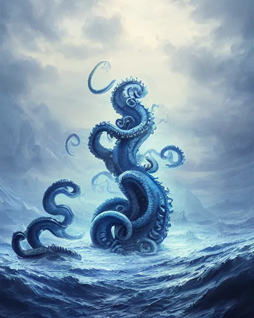 Image similar to A blue Kraken in the sea, highly detailed, fantasy art, female art, in the style of greg rutkowski, illustration, epic, fantasy, intricate, hyper detailed, artstation, concept art, smooth, sharp focus, ray tracing