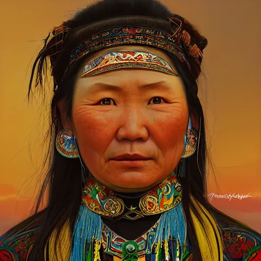 Prompt: portrait of an asian yakuts woman ( 3 5 ) from yakutia, sakha republic, russia in 2 0 2 1, an oil painting by ross tran and thomas kincade
