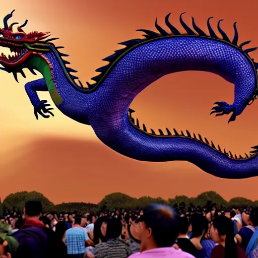 Image similar to people watching a chinese dragon flying in the sky, hyperrealistic, 3 d