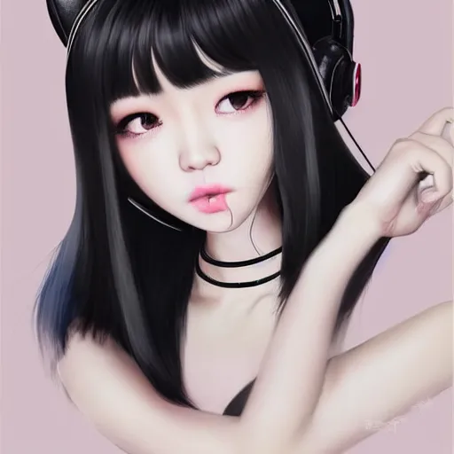 Image similar to realistic beautiful gorgeous natural cute Blackpink Lalisa Manoban black hair cute fur black cat ears, wearing white camisole, headphones, black leather choker artwork drawn full HD 4K highest quality in artstyle by professional artists WLOP, Taejune Kim, Guweiz on Artstation Pixiv