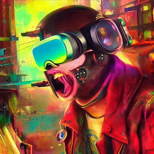 Prompt: cyberpunk rat wearing a leather jacket and VR goggles, psychedelic artwork, bright colors, by ruan jia