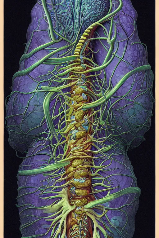 Image similar to nightmare etherreal iridescent vascular nerve bundles pearlescent spinal chord horror by Naoto Hattori, Zdzislaw, Norman Rockwell, Studio Ghibli, Anatomical cutaway