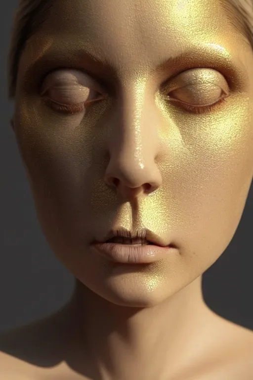 Prompt: a photorealistic portrait of a goddess ((Gold fluid simulation in the background)), perfectly proportioned face, ultra super good realistic 3D render by Pete Morbacher and Emil Melmoth, insanely detailed, trending on artstation