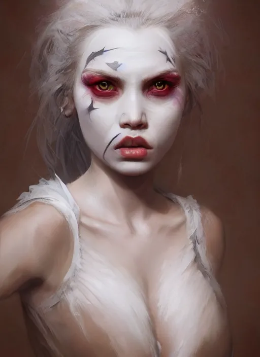 Prompt: portrait of beautiful girl with full pouty lips, skeksis, white face paint, bandaged nose, striking eyes, fullbody, insanely detailed, procedural rendering, greg rutkowski, charlie bowater, yuumei, yanjun cheng, unreal 5, daz, hyperrealistic, octane render, rpg portrait, dynamic lighting, fantasy art, beautiful face