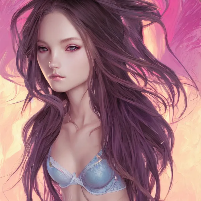 Image similar to portrait of beautiful symmetrical anime girl, rainbow hair, attractive, casual, modern, victoria's secret, highly detailed, digital painting, artstation, concept art, smooth, sharp focus, illustration, art by moebius artgerm, greg rutkowski and alphonse mucha, 8 k,