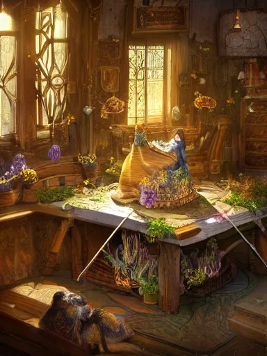 Prompt: a powerful magician in his tower. table full of magical artifacts. weeds and flowers growing on the floor and roof. intricate, elegant, highly detailed, digital painting, artstation, concept art, sharp focus, illustration, by justin gerard and artgerm, 8 k