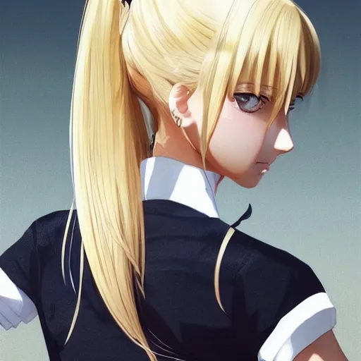 Prompt: luxury advertisement, astonishing portrait of a very beautiful anime high-school girl with blonde hair ponytail, white ribbon, full perfect face, realistic, highly detailed background, artstation, 120 degree view, drawn by Sasoura, Satchely and Akihiko Yoshida, no distortion