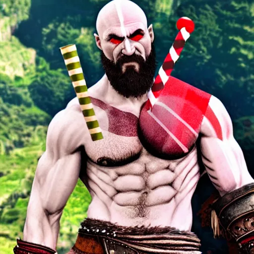 Prompt: kratos the god of war licking a lollipop