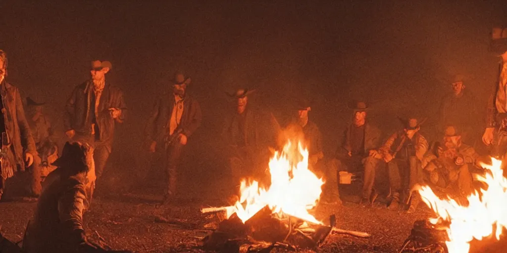 Prompt: birds - eye - view of rugged bandit cialien murphy ( ( alone ) ) in the old west, handcuffed by shackles at a campfire and thomas brodie - sangster ( ( alone ) ), violently fist fighting, volumetric lighting, cinematic, dark, grim, unforgiven