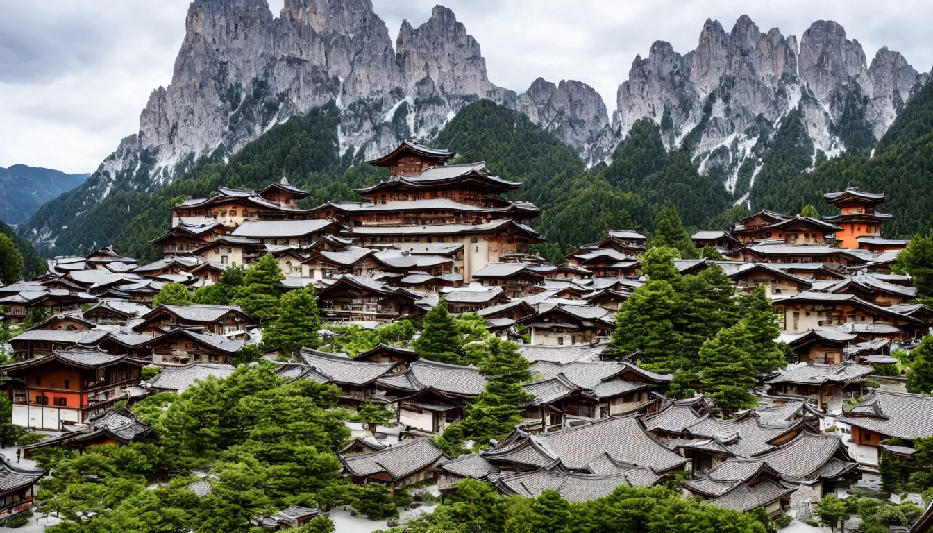 Prompt: ancient japanese town in the dolomites mountains, pagodas