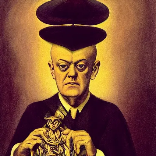 Image similar to Aleister Crowley with baphomet, by Raphael Hopper, and Rene Magritte. Highly detailed, Occult funny, humorous, funny, enchanting, magical, trending on artstationHQ