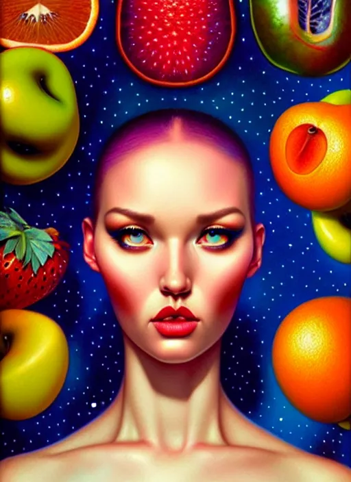 Image similar to cosmic random fruit portrait, pixar style, by tristan eaton stanley artgerm and tom bagshaw.