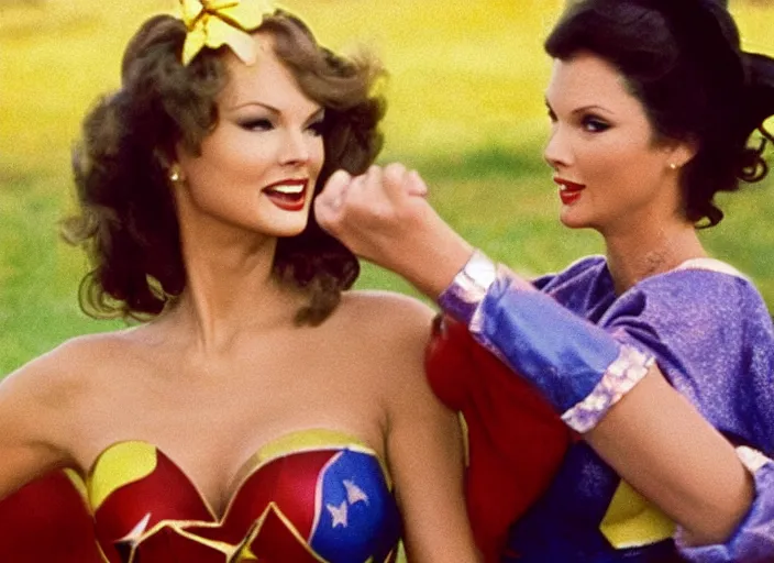 Image similar to lynda carter oil wrestling with taylor swift, movie still, from the movie porky ’ s, 8 k, realistic