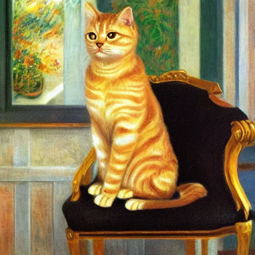 Prompt: a golden cat sitting on a throne in a modern kitchen in the style of renoir,