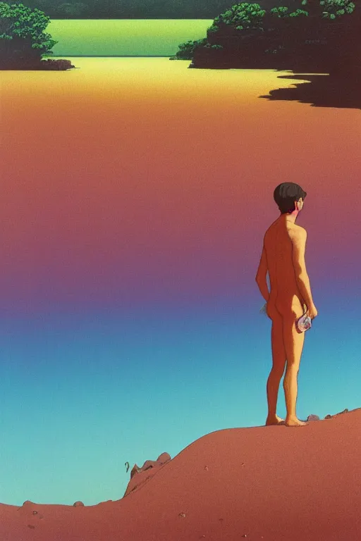 Prompt: a colorful vibrant image of a simple caucasian man with curly mid length brown hair with a calm aesthetic face and dreaming psychedelic hair, standing in a shallow river, by kawase hasui, moebius, edward hopper and james gilleard, zdzislaw beksinski, steven outram colorful flat surreal design, hd, 8 k, art station