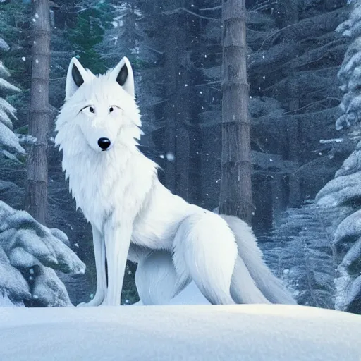 Prompt: a wholesome animation key shot of a white wolf in a snowy forest, medium shot, studio ghibli, pixar and disney animation, sharp, rendered in unreal engine 5, anime key art by greg rutkowski, bloom, dramatic lighting