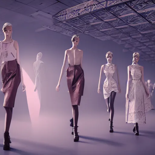 Image similar to Fashion Catwalk!! on a platform in an Angelic Floating City in the Clouds, Fashion Photography, Hyperrealistic, Intricate Details, Raytracing, Volumetric Lighting, Lightshafts, Smooth Gradients, Unreal Engine 5, Photorealism, Concept Art