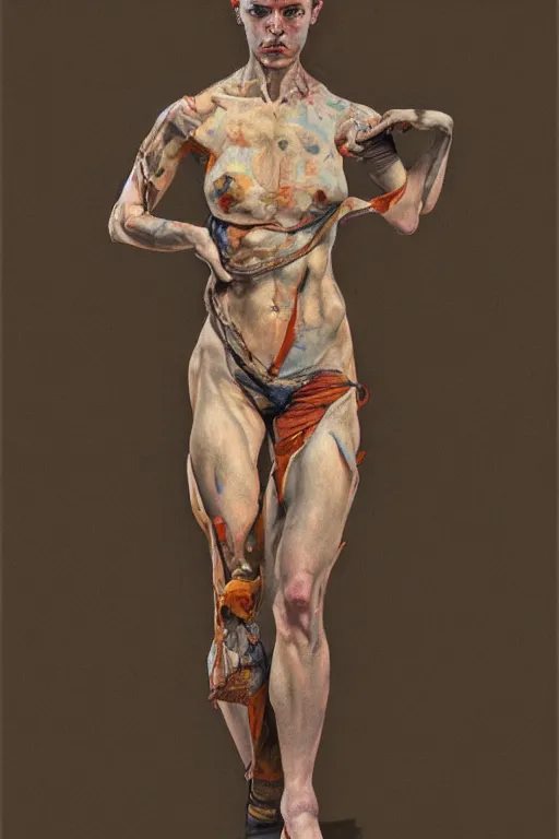 Image similar to a full body character with lifted arms in style of egon schiele, masterpiece, hyperdetailed, complex, intricate, veiled, 4 k, dynamic!! trending on artstation,