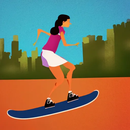 Prompt: stylized illustration of a girl ridin a skateboard with one leg up and the other on the deck going fast, side view