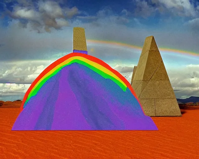 Image similar to isometric 3 d surrealist rainbow above a non - euclidean pagan monument in a desert, frequencies divided as sacred geometry 3 d shapes, very surreal, by dali
