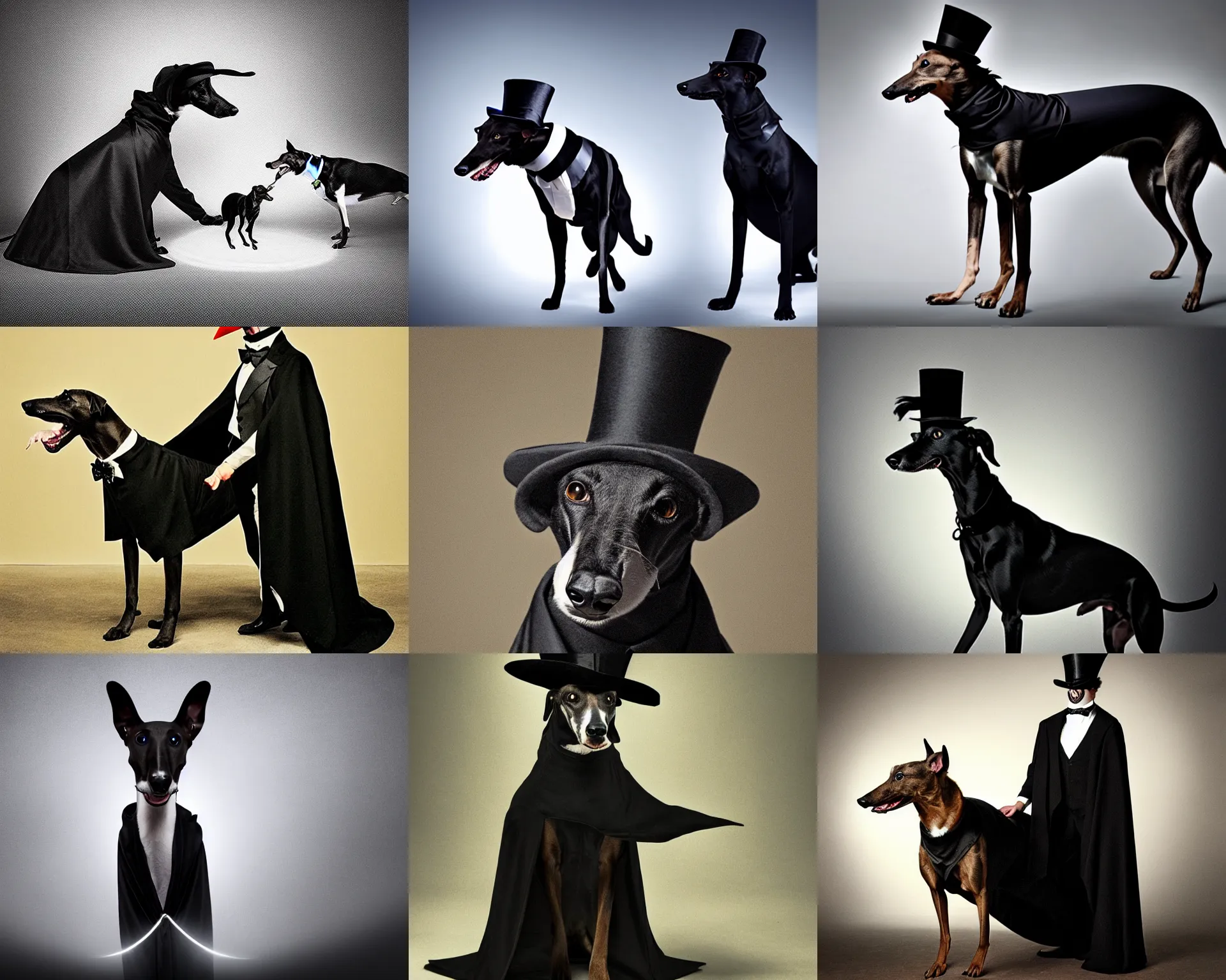 Prompt: greyhound wearing a black cloak and a top hat under a spotlight, magician dog