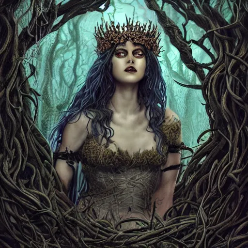 Image similar to dramatic portrait of the dark queen of snakes, wearing a crown of thorned vines, blue skin, realism, dark fantasy illustration, surrounded by dead forest, dynamic lighting, detailed textures, octane render, artstation