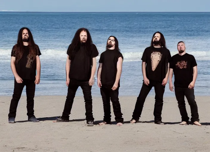 Prompt: photo of members of a death metal band enjoying a day at the beach