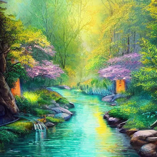 Image similar to Small cosy stream in city of the future in harmony with nature. Nice colour scheme, soft warm colour. Beautiful detailed painting by Lurid. (2022)