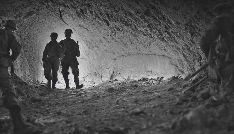 Image similar to ghosts of dead World War 1 soldiers patrolling abandoned WW1 trenches, dirty lens, cinematic lighting, IMAX cinematography, 35mm