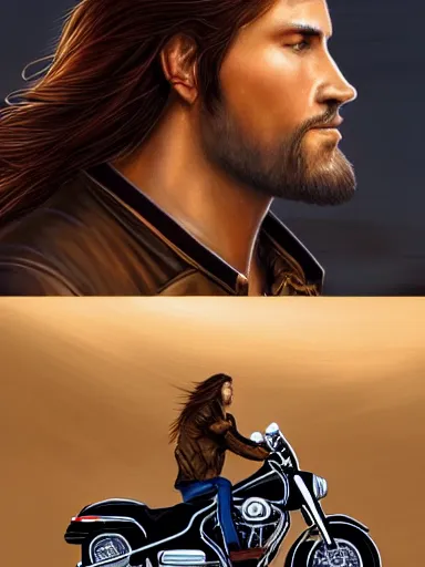 Image similar to handsome man with long hair riding a harley davidson. intricate, elegant, highly detailed, digital painting, artstation, cinematic shot, concept art, sharp focus, illustration, by justin gerard and artgerm, 8 k