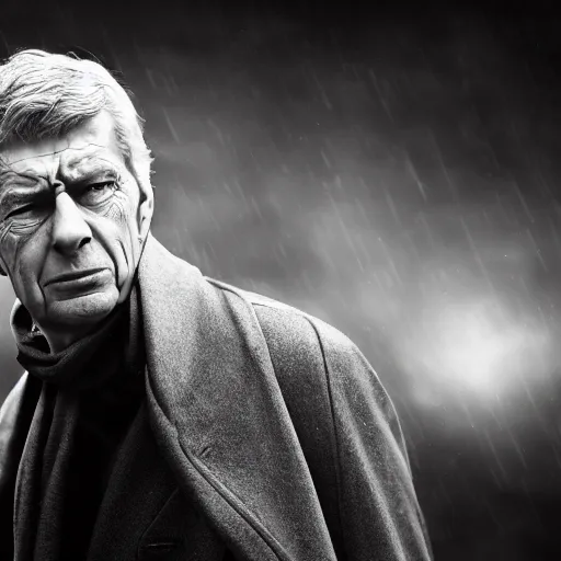 Image similar to ! dream arsene wenger as a 1 9 4 0 s gangster, noir, fog, serious, extreme detail, realistic, rain, atmospheric, long coat, movie still, studio light, dramatic 4 k