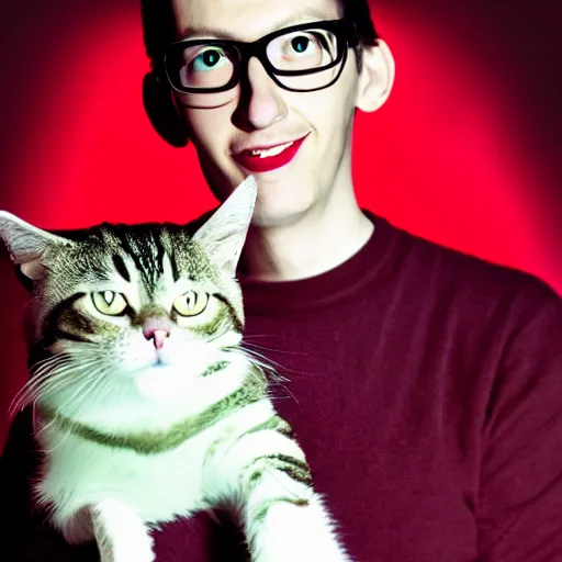 Prompt: portrait of neil cicierega holding his cat in the dark, red lighting, black background, nighttime, their right eyes are shining brightly, it's dark