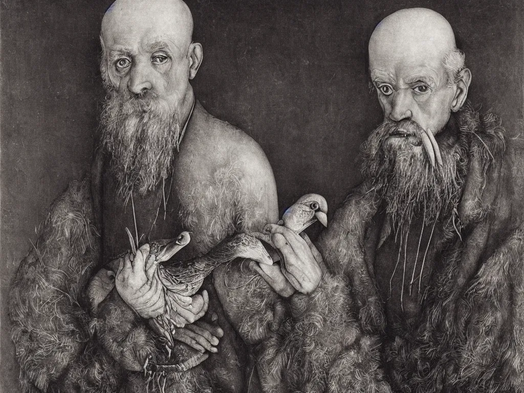 Prompt: Old man with crane bird. Portrait by Lucas Cranach, Roger Ballen