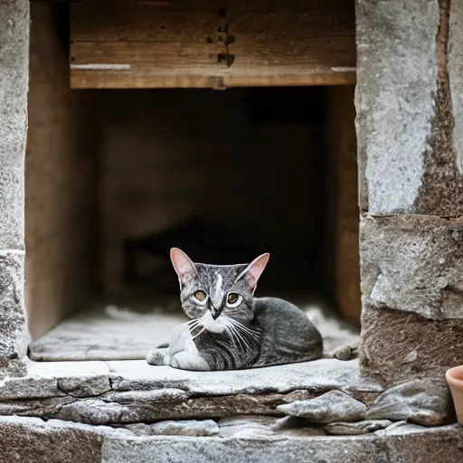 Prompt: a domestic shorthair sitting in the living room of an old cottage