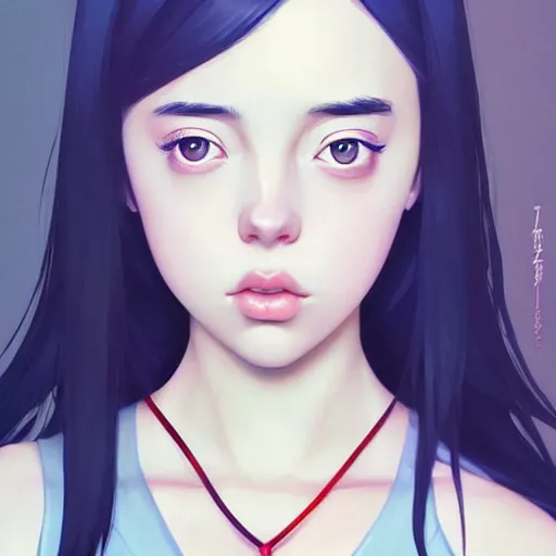 Image similar to a beautiful young japanese billie eilish kat dennings alluring instagram model in elaborate latex tank top, by guweiz and wlop and ilya kuvshinov and artgerm and makoto shinkai and studio ghibli, symmetrical eyes, aesthetic, gorgeous, stunning, alluring, attractive, artstation, deviantart, pinterest, digital art