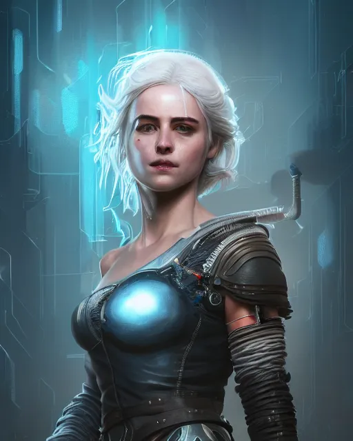 Image similar to portrait of ciri as a cyborg. intricate abstract. intricate artwork. by Tooth Wu, wlop, beeple, dan mumford. octane render, trending on artstation, greg rutkowski very coherent symmetrical artwork. cinematic, hyper realism, high detail, octane render, 8k, iridescent accents