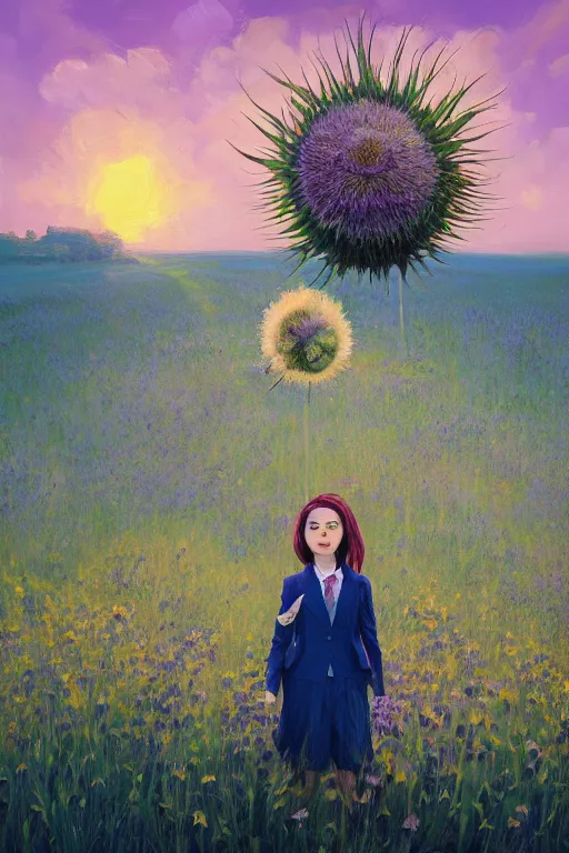 Prompt: portrait, enormous thistle flower under head, a girl in a suit in field of flowers, surreal photography, sunrise, blue sky, dramatic light, impressionist painting, digital painting, artstation, simon stalenhag