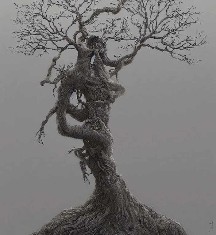 Image similar to anthropomorphic female apple tree, trending on artstation art by zdzislaw beksinski, highly detailed, cg society contest winner