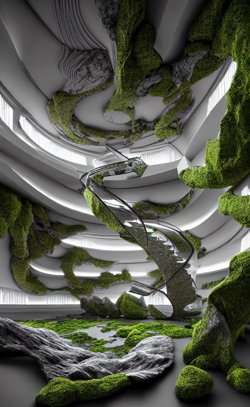 Image similar to highly detailed ultra sharp 3 d render villa interior cinematic composition of a smooth ceramic porcelain biomorphic magnolia stone nebula fluid fractal sci - fi surreal architecture landscape, granite, metallic, magnesium, marble, moss and lichen, vincent callebaut composition, mamou - mani, archviz, beautiful lighting, 8 k, unreal engine, hdr,