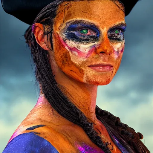 Image similar to professional portrait of a pirate with her skin painted iridescent colors. She is Swashbuckling. Digital art. 8k