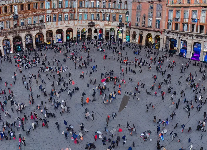 Image similar to a city square and everyone in the city square is wearing a vr headset ignoring each other