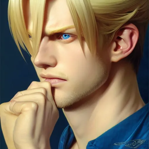 Image similar to highly detailed vfx portrait of a blond centre parting pretty boy with blue eyes by eiichiro oda, makoto shinkai, alphonse mucha, sakimichan, sharp focus, art by artgerm and greg rutkowski!, backlit, harsh overhead sunlight, detailed,