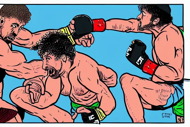 Prompt: Sam Hyde fighting Joe Rogan in the UFC octagon, Mike Judge art style, 90's mtv illustration, clean linework