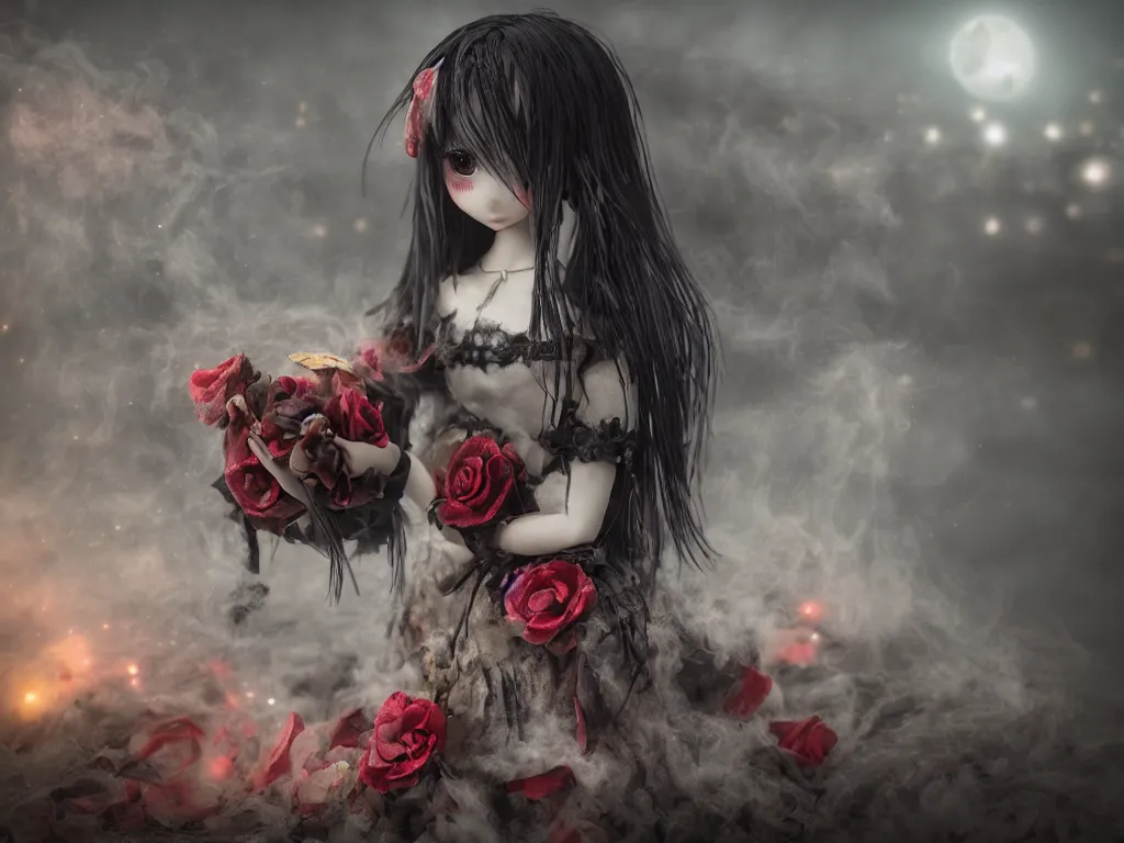 Image similar to cute fumo plush of a gothic maiden girl clutching lots of decayed roses, stale twilight, swirling vortices of emissive smoke and volumetric fog over the river, bokeh, vignette, vray