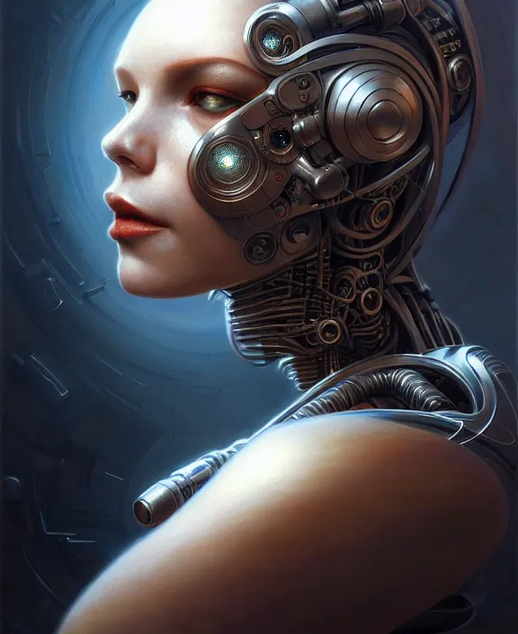 Image similar to portrait shot of a cyberpunk robot, intricate, elegant, highly detailed, centered, digital painting, artstation, concept art, smooth, sharp focus, illustration, artgerm, tomasz alen kopera, peter mohrbacher, donato giancola, joseph christian leyendecker, wlop, boris vallejo