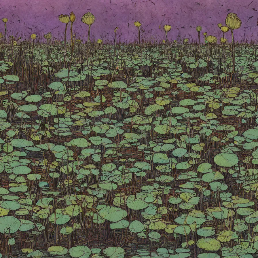 Image similar to Artwork illustrating a large swamp full of withered lotus plants.